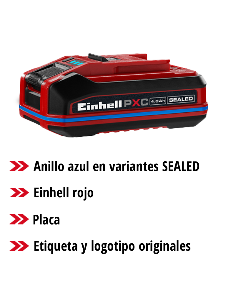Batería Einhell Power X-Change SEALEAD con anillo azul, etiqueta de tipo y diseño original de marca en un gráfico general.
