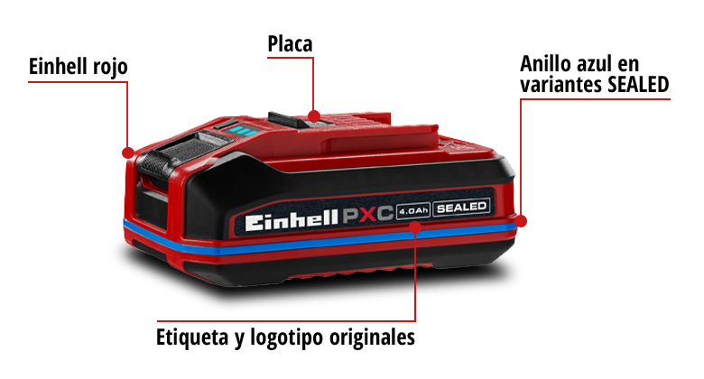Batería Einhell Power X-Change SEALEAD con anillo azul, etiqueta de tipo y diseño original de marca en un gráfico general.