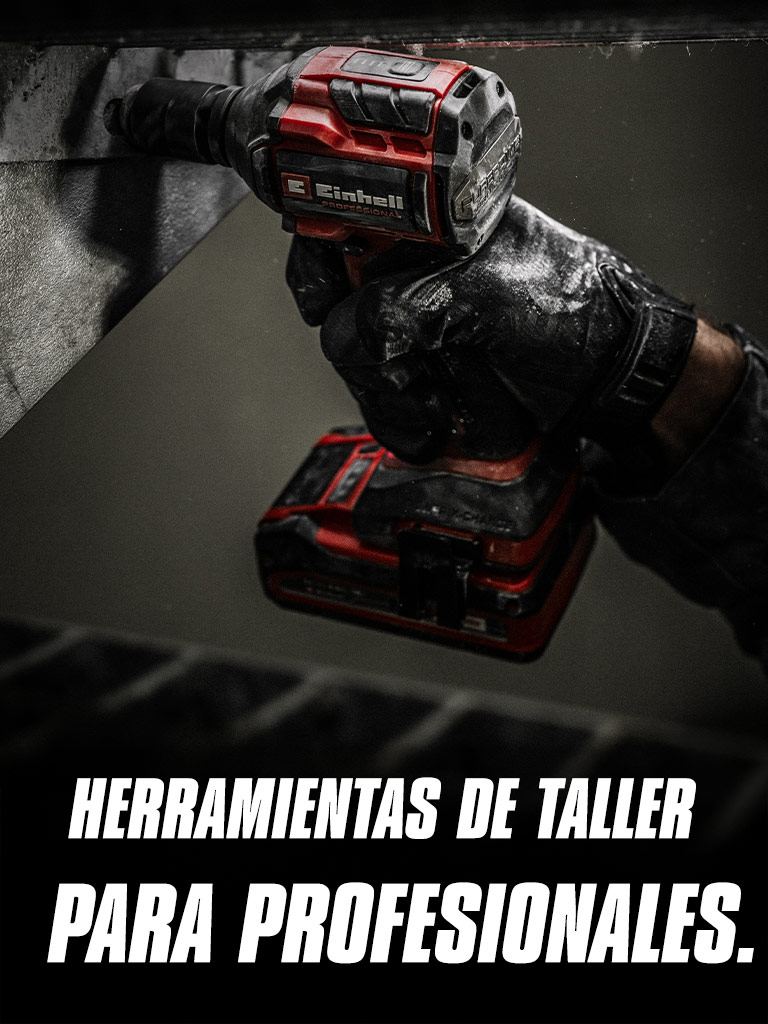 Mano sosteniendo un atornillador de impacto inalámbrico rojo en uso sobre una viga metálica, con el texto "Herramientas Eléctricas para Profesionales."