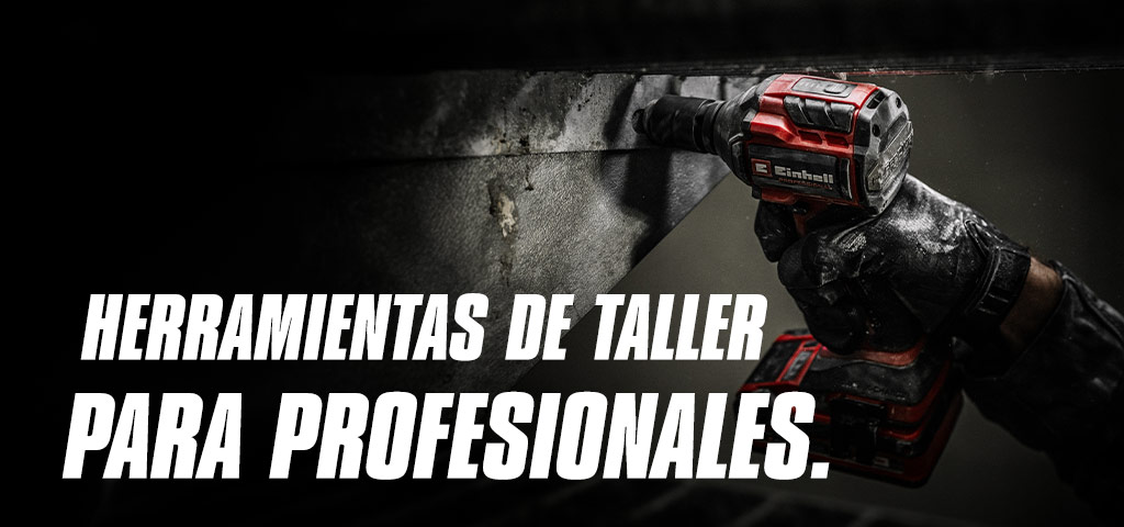 Mano sosteniendo un atornillador de impacto inalámbrico rojo en uso sobre una viga metálica, con el texto "Herramientas Eléctricas para Profesionales."