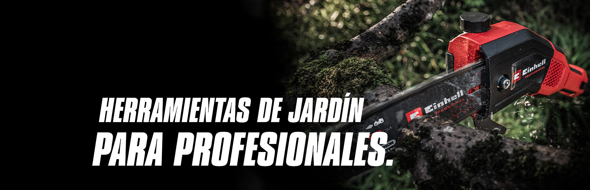 Motosierra inalámbrica roja cortando una rama, con el texto "Herramientas de Jardín para Profesionales."