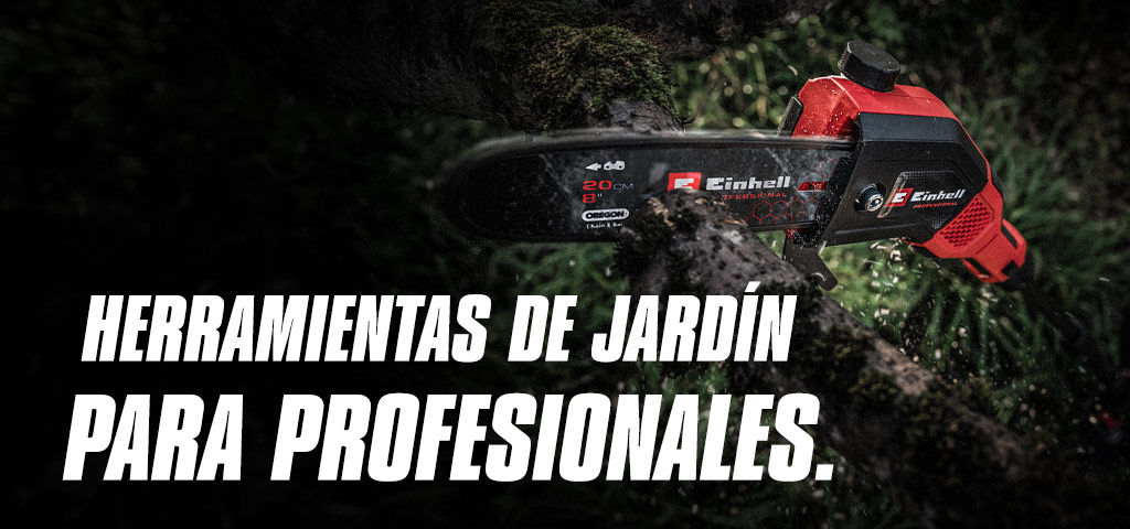 Motosierra inalámbrica roja cortando una rama, con el texto "Herramientas de Jardín para Profesionales."