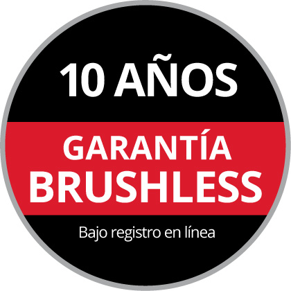 Logo circular con el texto "Garantía Brushless de 10 Años con Registro Online." Fondo negro y rojo.