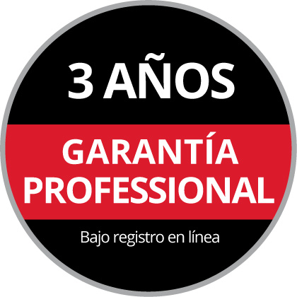 Logo circular con el texto "Garantía Profesional de 3 Años con Registro Online." Fondo negro y rojo.