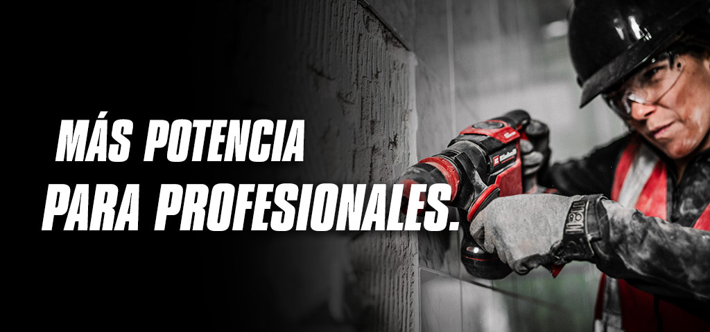 Una persona con gafas de seguridad y casco utilizando un taladro rojo sobre una pared, con el texto "Más Potencia para Profesionales."