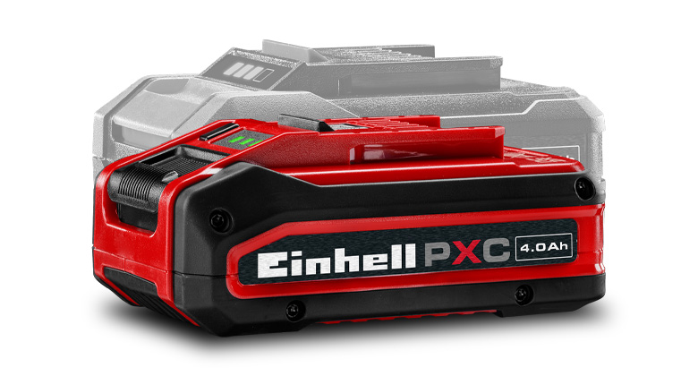 Batería Einhell Power X-Change con 4.Capacidad de 0 Ah que se muestra en color en primer plano, con una batería atenuada en el fondo. 
