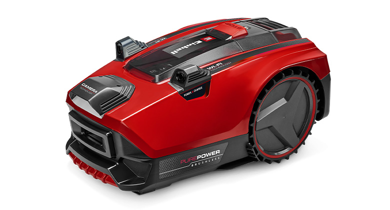 The Einhell robotic lawnmower FREELEXO CAM PLUS 600 in red, with large wheels, camera sensors, and the inscription "Pure Power Brushless."