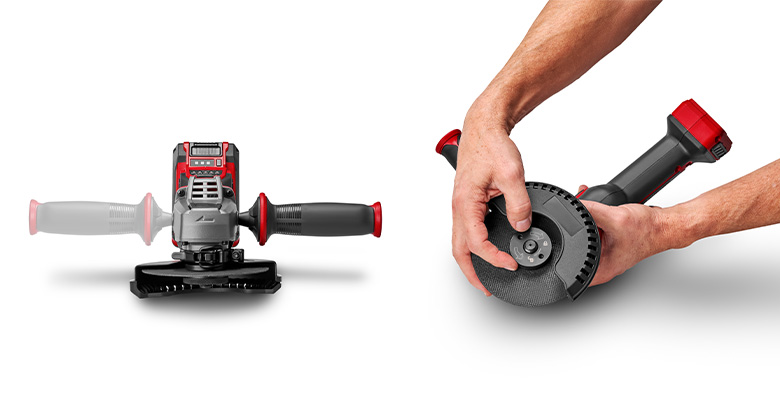Close-up of a cordless angle grinder showing a tool-free disc change and the option to mount the side handle on both sides.